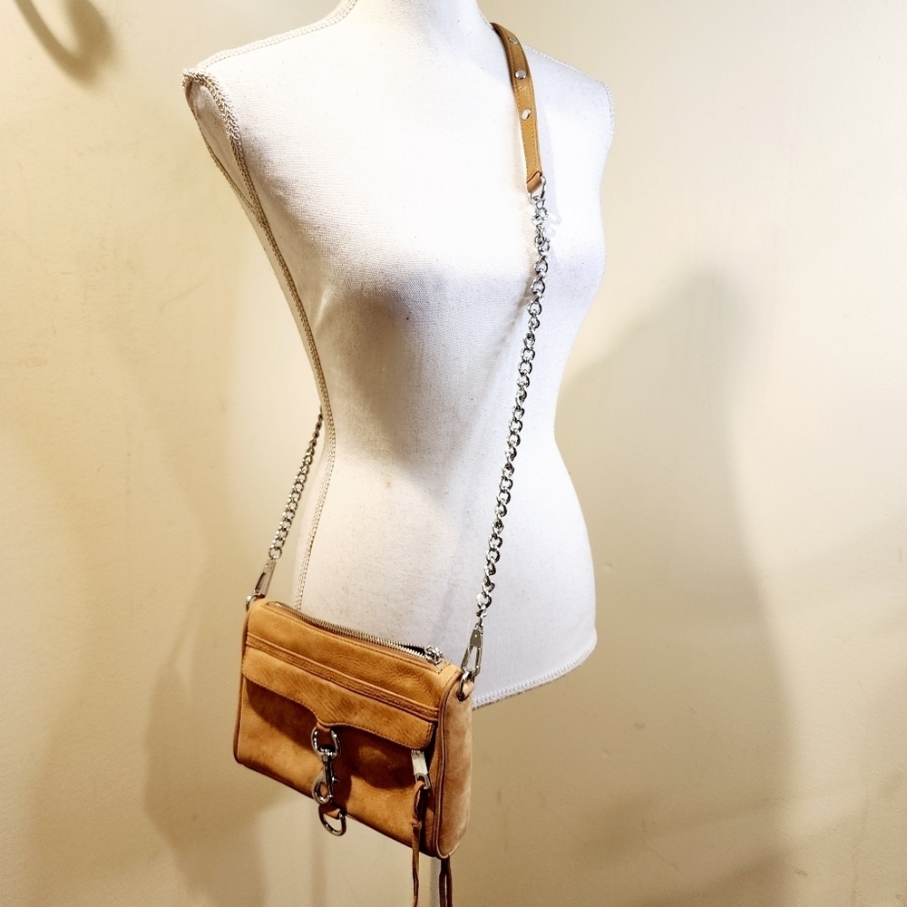 REBBECA MINKOFF Tan Crossbody Leather Bag with Chain Strap and Structured Design